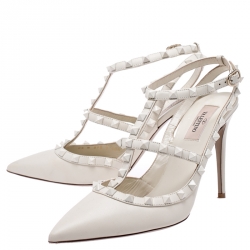 Pre Owned Valentino White Leather Rockstud Ankle Strap Pointed Toe Sandals Size 40.5
