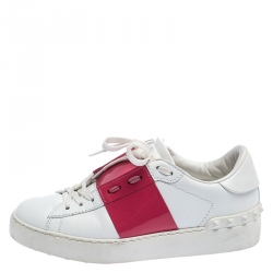 Pre Owned Valentino White/Pink Leather Open Low Top Sneakers Size 36.5