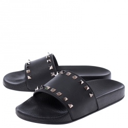Pre Owned Valentino Black Rubber Rockstud Slide Sandals Size 37
