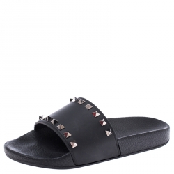 Pre Owned Valentino Black Rubber Rockstud Slide Sandals Size 37