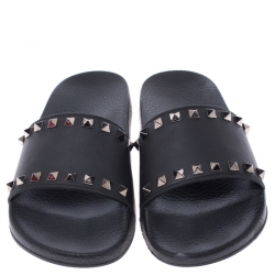 Pre Owned Valentino Black Rubber Rockstud Slide Sandals Size 37
