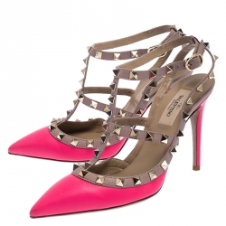 Pre Owned Valentino Pink Leather Rockstud Strappy Pointed Toe Sandals Size 37