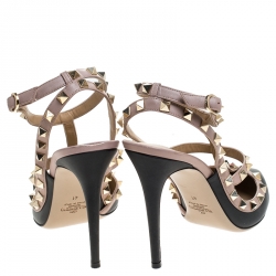 Pre Owned Valentino Black Leather Rockstud Ankle Strap Cage Sandals Size 41