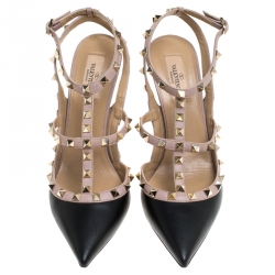 Pre Owned Valentino Black Leather Rockstud Ankle Strap Cage Sandals Size 41