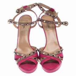 Pre Owned Valentino Pink Leather Rockstud Platform Ankle Strap Sandals Size 41