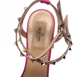 Pre Owned Valentino Pink Leather Rockstud Platform Ankle Strap Sandals Size 41