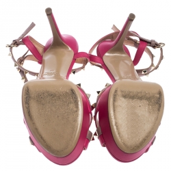 Pre Owned Valentino Pink Leather Rockstud Platform Ankle Strap Sandals Size 41