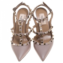 Pre Owned Valentino Beige Leather Rockstud Ankle Strap Sandals Size 36