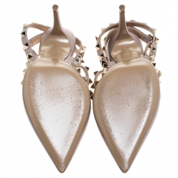 Pre Owned Valentino Beige Leather Rockstud Ankle Strap Sandals Size 36