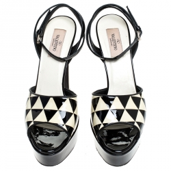 Pre Owned Valentino Black And White Patent Leather Peep Toe Platform Pumps Size 38