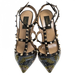 Pre Owned Valentino Black Leather Rockstud Crystal Embellished Ankle Strap Caged Pumps Size 38