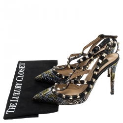 Pre Owned Valentino Black Leather Rockstud Crystal Embellished Ankle Strap Caged Pumps Size 38