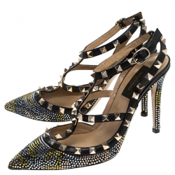 Pre Owned Valentino Black Leather Rockstud Crystal Embellished Ankle Strap Caged Pumps Size 38