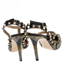 Pre Owned Valentino Black Leather Rockstud Crystal Embellished Ankle Strap Caged Pumps Size 38