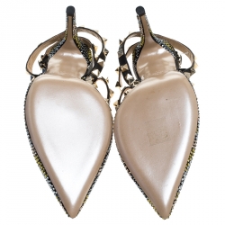 Pre Owned Valentino Black Leather Rockstud Crystal Embellished Ankle Strap Caged Pumps Size 38