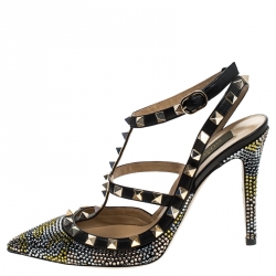 Pre Owned Valentino Black Leather Rockstud Crystal Embellished Ankle Strap Caged Pumps Size 38