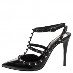 Pre Owned Valentino Black Patent Leather Rockstud Pointed Toe Ankle Strap Sandals Size 41.5
