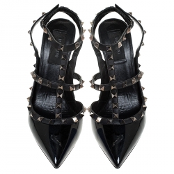 Pre Owned Valentino Black Patent Leather Rockstud Pointed Toe Ankle Strap Sandals Size 41.5