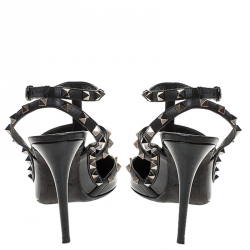 Pre Owned Valentino Black Patent Leather Rockstud Pointed Toe Ankle Strap Sandals Size 41.5