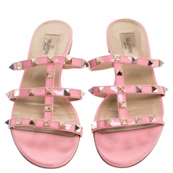 Pre Owned Valentino Pink Patent Leather Rockstud Caged Flat Slides Size 37.5