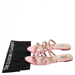Pre Owned Valentino Pink Patent Leather Rockstud Caged Flat Slides Size 37.5