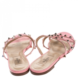Pre Owned Valentino Pink Patent Leather Rockstud Caged Flat Slides Size 37.5