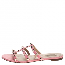 Pre Owned Valentino Pink Patent Leather Rockstud Caged Flat Slides Size 37.5