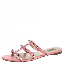Pre Owned Valentino Pink Patent Leather Rockstud Caged Flat Slides Size 37.5