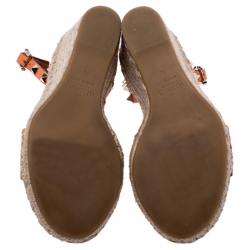 Pre Owned Valentino Orange Leather Rockstud Espadrille Wedge Sandals Size 35