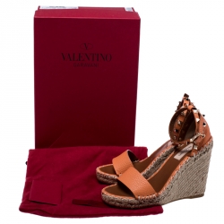 Pre Owned Valentino Orange Leather Rockstud Espadrille Wedge Sandals Size 35