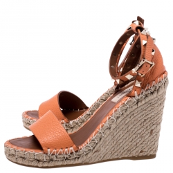 Pre Owned Valentino Orange Leather Rockstud Espadrille Wedge Sandals Size 35