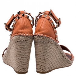 Pre Owned Valentino Orange Leather Rockstud Espadrille Wedge Sandals Size 35