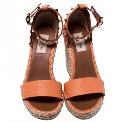 Pre Owned Valentino Orange Leather Rockstud Espadrille Wedge Sandals Size 35