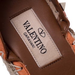 Pre Owned Valentino Orange Leather Rockstud Espadrille Wedge Sandals Size 35
