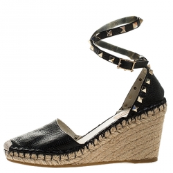 Pre Owned Valentino Black Leather Rockstud Espadrille Wedge Ankle Strap Sandals Size 38