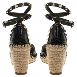 Pre Owned Valentino Black Leather Rockstud Espadrille Wedge Ankle Strap Sandals Size 38