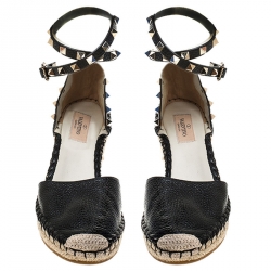 Pre Owned Valentino Black Leather Rockstud Espadrille Wedge Ankle Strap Sandals Size 38