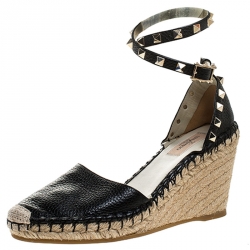 Pre Owned Valentino Black Leather Rockstud Espadrille Wedge Ankle Strap Sandals Size 38