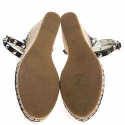 Pre Owned Valentino Black Leather Rockstud Espadrille Wedge Ankle Strap Sandals Size 38
