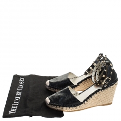 Pre Owned Valentino Black Leather Rockstud Espadrille Wedge Ankle Strap Sandals Size 38