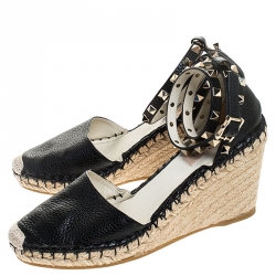 Pre Owned Valentino Black Leather Rockstud Espadrille Wedge Ankle Strap Sandals Size 38