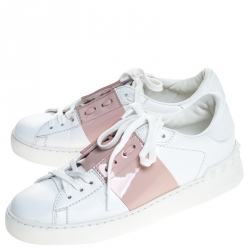 Pre Owned Valentino White/Pink Leather Rockstud Lace Up Sneakers Size 37.5