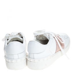 Pre Owned Valentino White/Pink Leather Rockstud Lace Up Sneakers Size 37.5