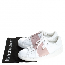 Pre Owned Valentino White/Pink Leather Rockstud Lace Up Sneakers Size 37.5