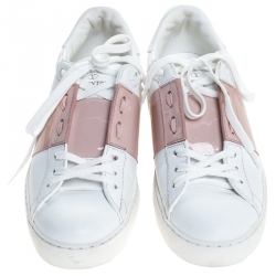 Pre Owned Valentino White/Pink Leather Rockstud Lace Up Sneakers Size 37.5