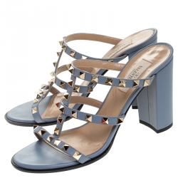Pre Owned Valentino Grey Leather Rockstud Strappy Sandals Size 38