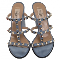 Pre Owned Valentino Grey Leather Rockstud Strappy Sandals Size 38