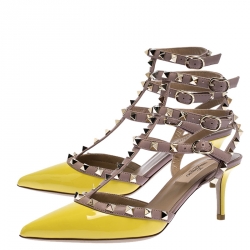 Pre Owned Valentino Yellow Patent Leather And Beige Leather Rockstud Ankle Strap Sandals Size 37.5