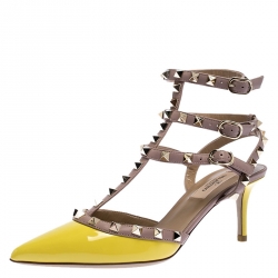 Pre Owned Valentino Yellow Patent Leather And Beige Leather Rockstud Ankle Strap Sandals Size 37.5