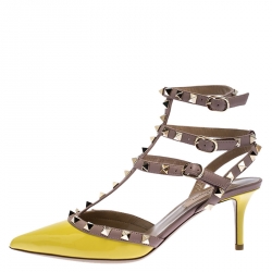 Pre Owned Valentino Yellow Patent Leather And Beige Leather Rockstud Ankle Strap Sandals Size 37.5